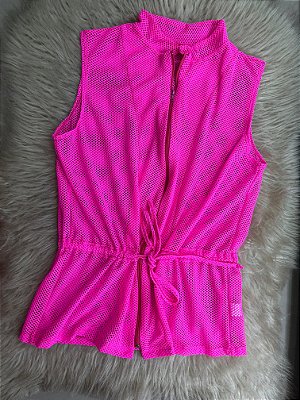 Blusa Colete Arrastão com Ziper Poliamida Cor Rosa Chiclete