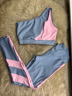 Conjunto Legging Isabela+Top Cor Azul Celeste+Rosa BB