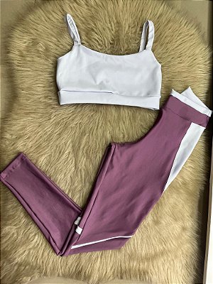 Conjunto Legging Vivo+Top Alça Reta Cor Orquidea+Branco