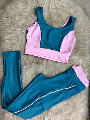 Conjunto Legging Bolso Vivo+Top Cor Verde Petróleo+Rosa BB