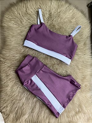 Conjunto Short Aline+Top Alça Reta Cor Orquidea+Branco