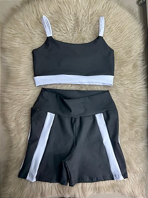 Conjunto Short Aline+Top Alça Reta Cor Preto+Branco