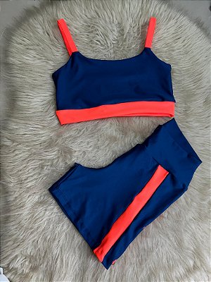 Conjunto Short Aline+Top Alça Reta Cor Azul Marinho+Laranja Neon