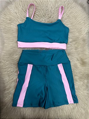 Conjunto Short Aline+Top Alça Reta Cor Verde Petroleo+Rosa BB