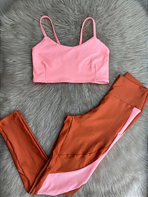 Conjunto Legging Lary+Top Tiras Cor Terra Cota+Salmão