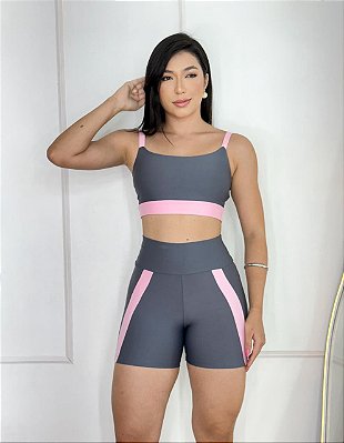 Conjunto Short Aline+Top Alça Reta Cor Cinza+Rosa BB