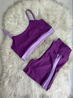 Conjunto Short Aline+Top Alça Reta Cor Roxo Uva+Orquidea