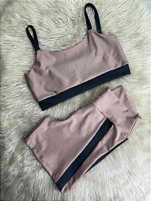 Conjunto Short Aline+Top Alça Reta Cor Cappucino+Preto