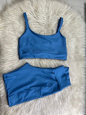 Conjunto Short Bolso+Top Alça Reta Cor Azul Petróleo