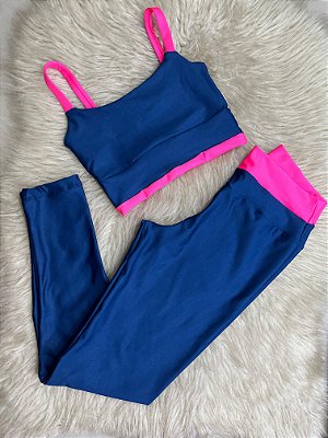 Conjunto Tamires Legging+ Top Bicolor Cor Azul Marinho+Rosa Neon