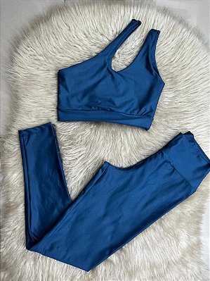 Conjunto Legging Básica + Top Nula Manga Cor Azul Petróleo
