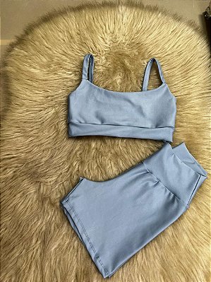 Conjunto Short Crossfit + Top Alça Reta Cor Azul Celeste