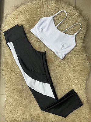 Conjunto Legging Lary+Top Tiras Cor Preto+Branco