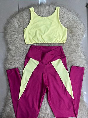 Conjunto Legging Flex+Top Cor Rosa Fuschia+Amarelo Manteiga