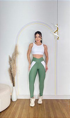 Conjunto Legging Flex+Top Cor Verde Oliva+Branco