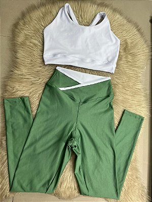 Conjunto Legging Força+Top Cor Verde Oliva+Branco