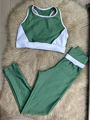 Conjunto Legging Movimento+Top Cor Verde Oliva+Branco