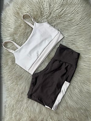Conjunto Short Bolso+Top Alça Reta Cor Marrom+Off