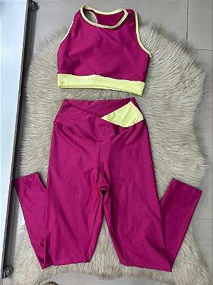 Conjunto Energia Legging+Top Cor Rosa Fuschia+Amarelo Manteiga