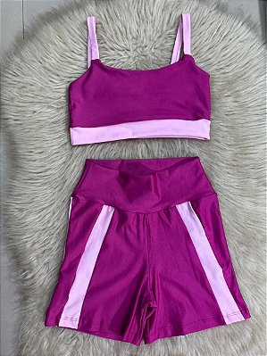 Conjunto Short Aline+Top Alça Reta Cor Rosa Fuschia+Rosa BB