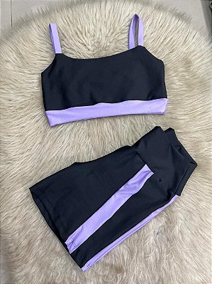 Conjunto Short Aline+Top Alça Reta Cor Preto+Lavanda