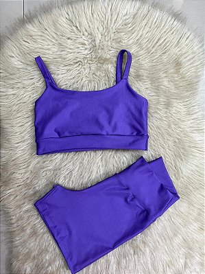 Conjunto Short Crossfit + Top Alça Reta Cor Roxo Escuro