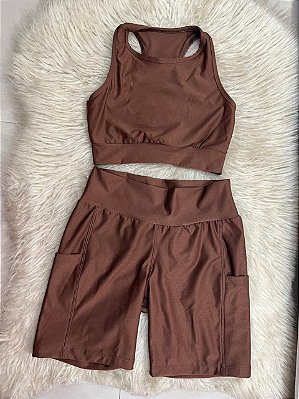 Conjunto Corrida Canelado Short Bolso+Top Cor Marrom