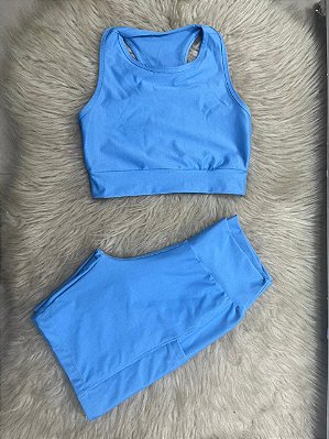 Conjunto Corrida Canelado Short Bolso+Top Cor Azul Celeste
