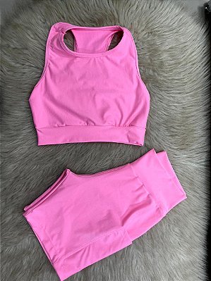 Conjunto Corrida Canelado Short Bolso+Top Cor Rosa Chiclete