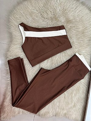 Conjunto Sofia Legging Canelado Poliamida+Top Cor Marrom+Off