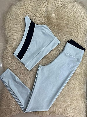 Conjunto Sofia Legging Canelado Poliamida+Top Cor Prata+Preto