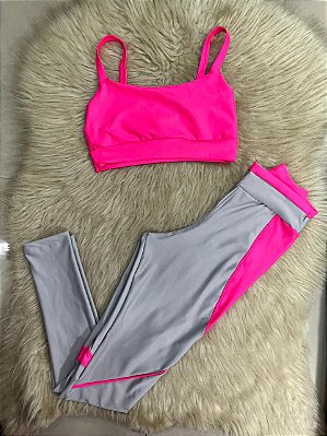 Conjunto Legging Vivo+Top Alça Reta Cor Prata+Rosa Neon