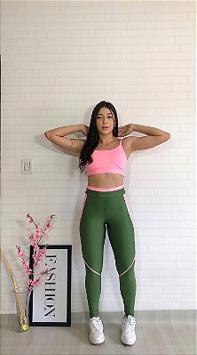 Conjunto Legging Vivo+Top Alça Reta Cor Verde Oliva+Rosa BB
