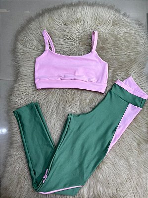 Conjunto Legging Vivo+Top Alça Reta Cor Verde Oliva+Rosa BB