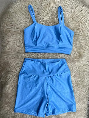 Conjunto Camilla Canelado Short Crossfit+Top Cor Azul Celeste