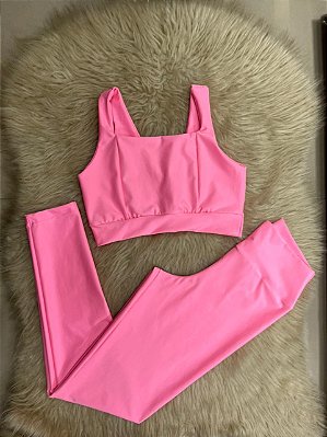 Conjunto Laycy Legging Canelado Poliamida+Top Cor Rosa Chiclete