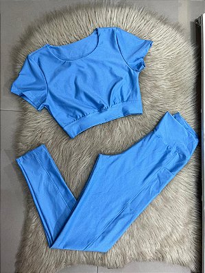 Conjunto Atitude Legging Canelado Poliamida+Top Cor Azul Celeste