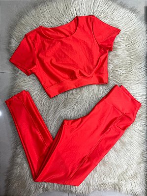 Conjunto Atitude Legging Canelado Poliamida+Top Cor Laranja Forte