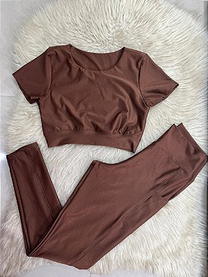 Conjunto Atitude Legging Canelado Poliamida+Top Cor Marrom