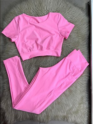 Conjunto Atitude Legging Canelado Poliamida+Top Cor Rosa Chiclete