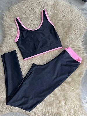 Conjunto Estilo Legging Canelado Poliamida+Top Cor Preto+Rosa Chiclete