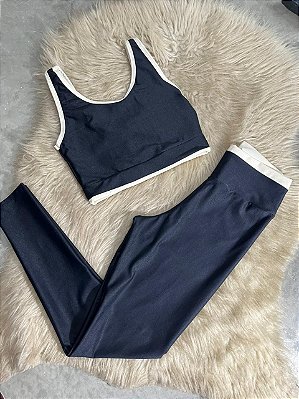 Conjunto Estilo Legging Canelado Poliamida+Top Cor Preto+Off