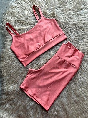 Conjunto Short Meia Coxa+ Top Alça Reta Cor Pêssego