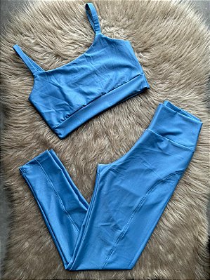 Conjunto Montaria Legging Canelado Poliamida+Top Cor Azul Celeste