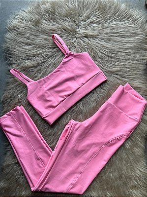 Conjunto Montaria Legging Canelado Poliamida+Top Cor Rosa Chiclete