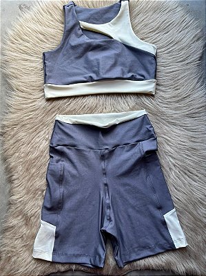 Conjunto Desempenho Short+Top Cor Cinza+Off