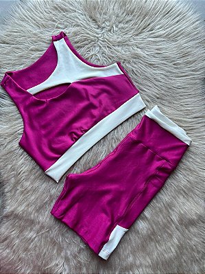 Conjunto Desempenho Short+Top Cor Rosa Fuschia+Off