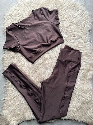 Conjunto Atitude Legging Bolso+Top Cor Marrom