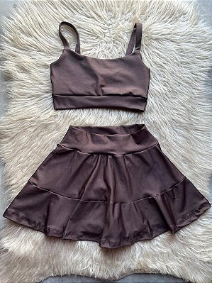 Conjunto Short e Saia+ Top Alça Reta Cor Marrom