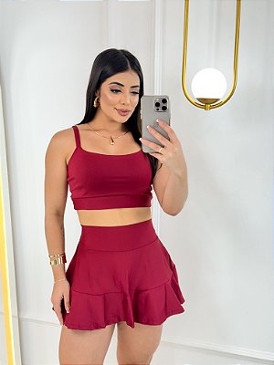 Conjunto Short e Saia+ Top Alça Reta Cor Marsala